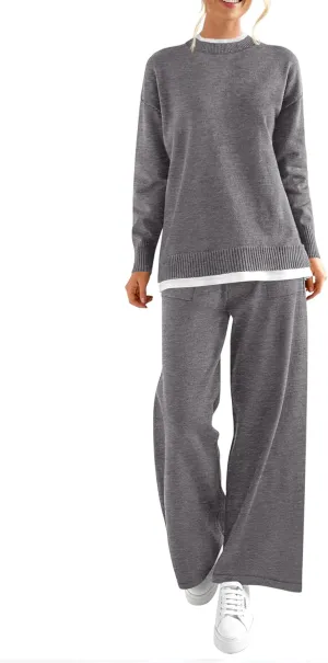 PRETTYGARDEN Women's Winter Two Piece Matching Sweater Lounge Sets Knit Long Sleeve Pullover Tops Wide Leg Pants Tracksuits