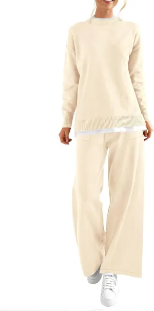 PRETTYGARDEN Women's Winter Two Piece Matching Sweater Lounge Sets Knit Long Sleeve Pullover Tops Wide Leg Pants Tracksuits