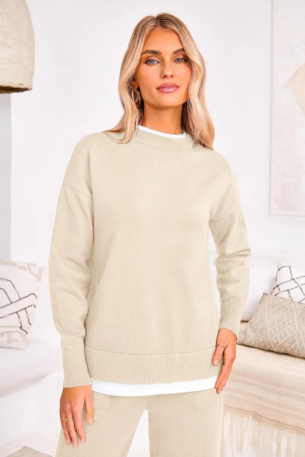 PRETTYGARDEN Women's Winter Two Piece Matching Sweater Lounge Sets Knit Long Sleeve Pullover Tops Wide Leg Pants Tracksuits