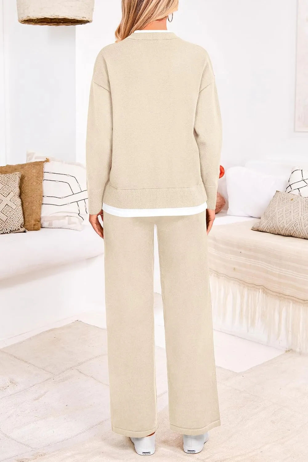 PRETTYGARDEN Women's Winter Two Piece Matching Sweater Lounge Sets Knit Long Sleeve Pullover Tops Wide Leg Pants Tracksuits