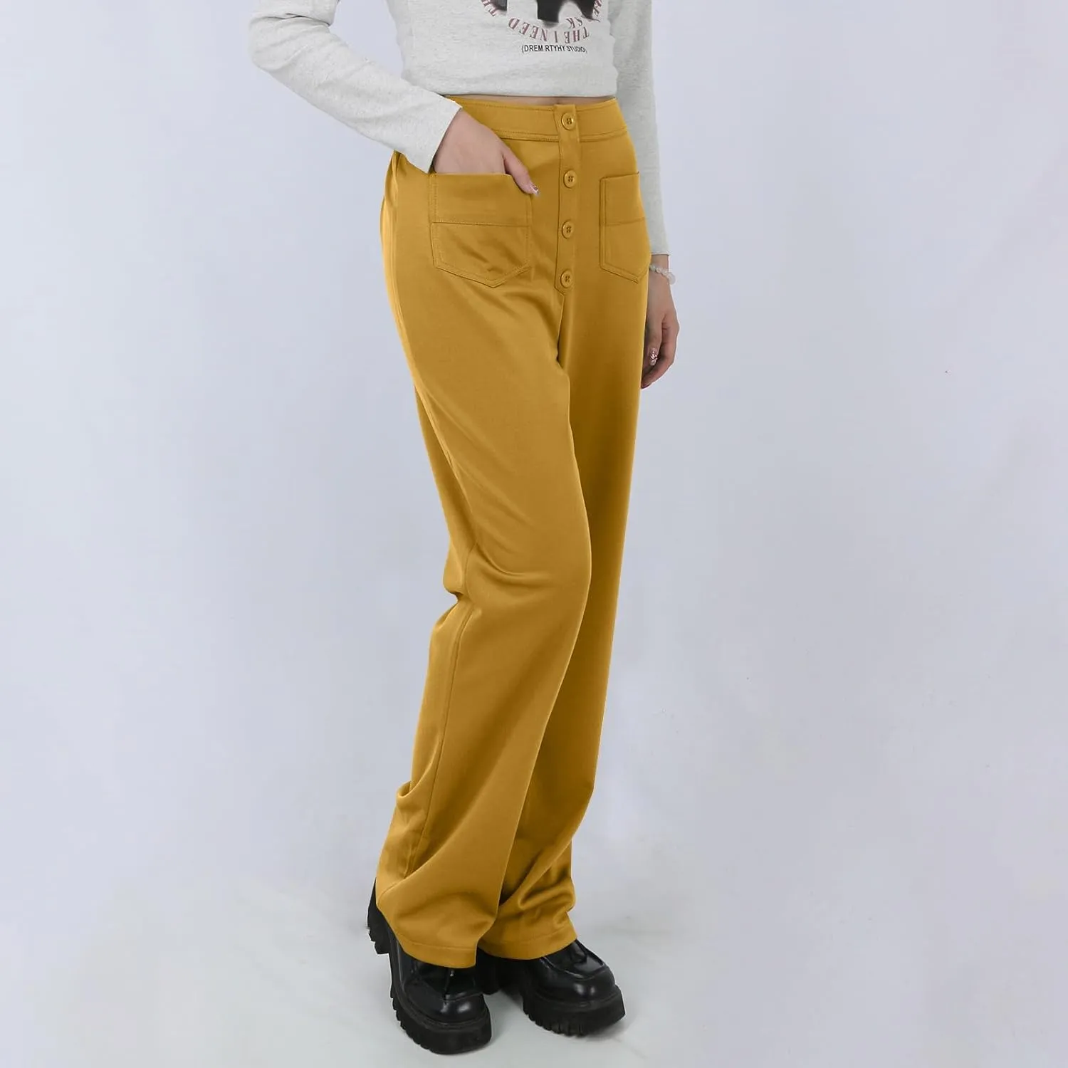 Pull On Dress Pants for Women Slim Fit High Waist Tall Work Pants Straight Leg Business Casual Trousers with Pockets