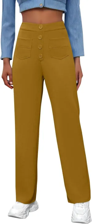 Pull On Dress Pants for Women Slim Fit High Waist Tall Work Pants Straight Leg Business Casual Trousers with Pockets