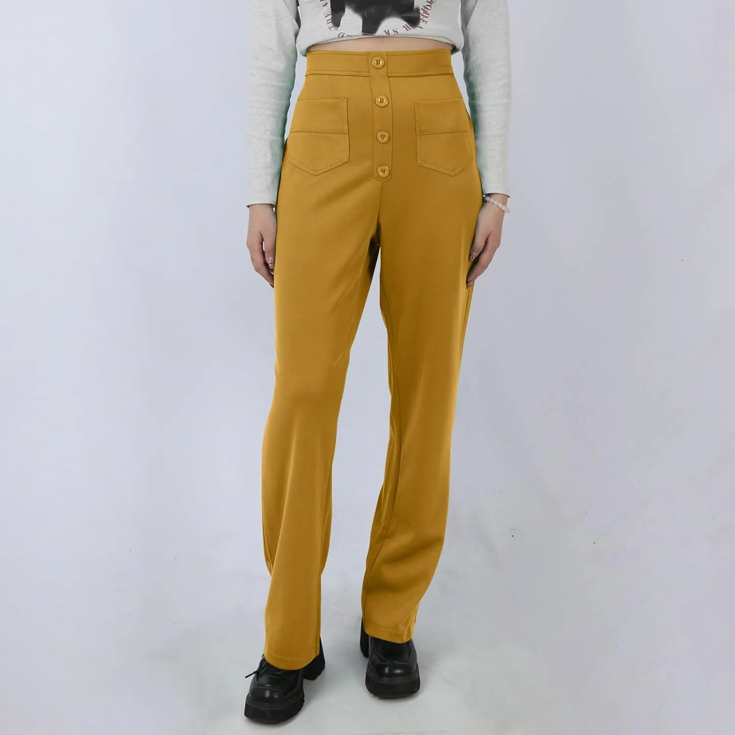 Pull On Dress Pants for Women Slim Fit High Waist Tall Work Pants Straight Leg Business Casual Trousers with Pockets