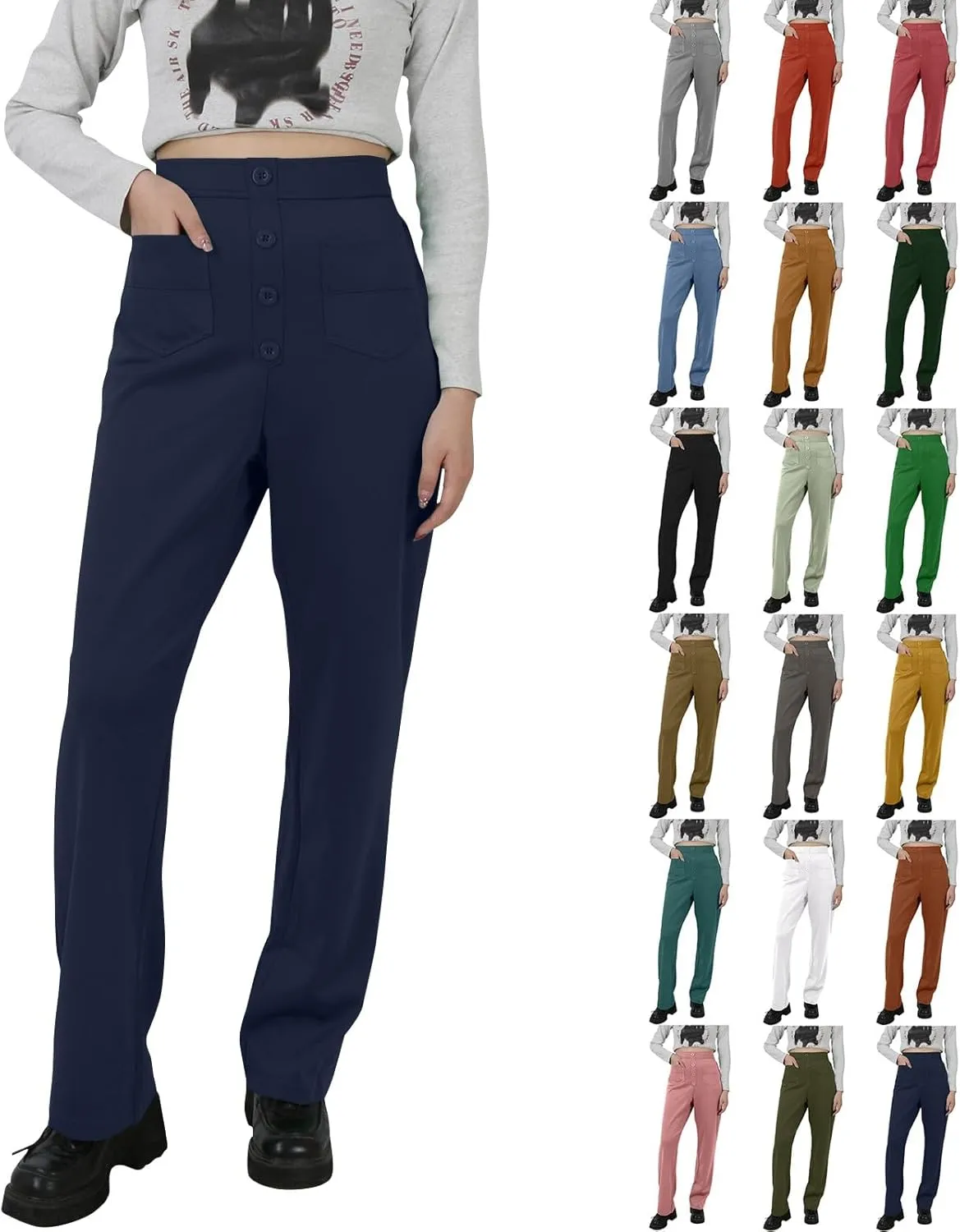 Pull On Dress Pants for Women Slim Fit High Waist Tall Work Pants Straight Leg Business Casual Trousers with Pockets