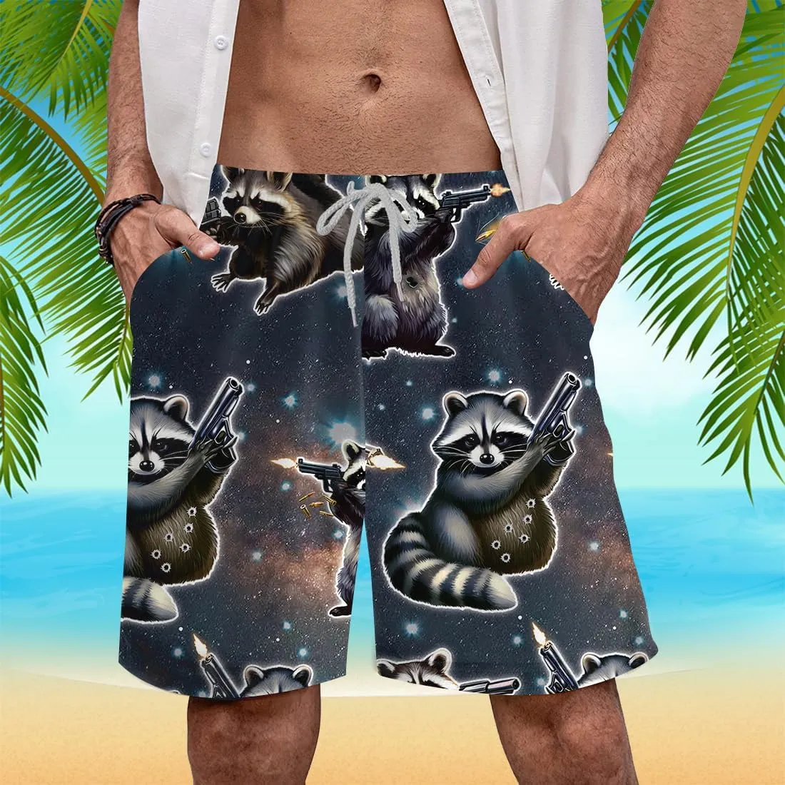 Racoon Mens Swim Trunks - Animal Hawaiian Mens Shorts - Summer Drawstring Beachwear Shorts Series 14
