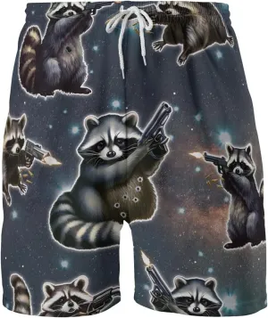 Racoon Mens Swim Trunks - Animal Hawaiian Mens Shorts - Summer Drawstring Beachwear Shorts Series 14