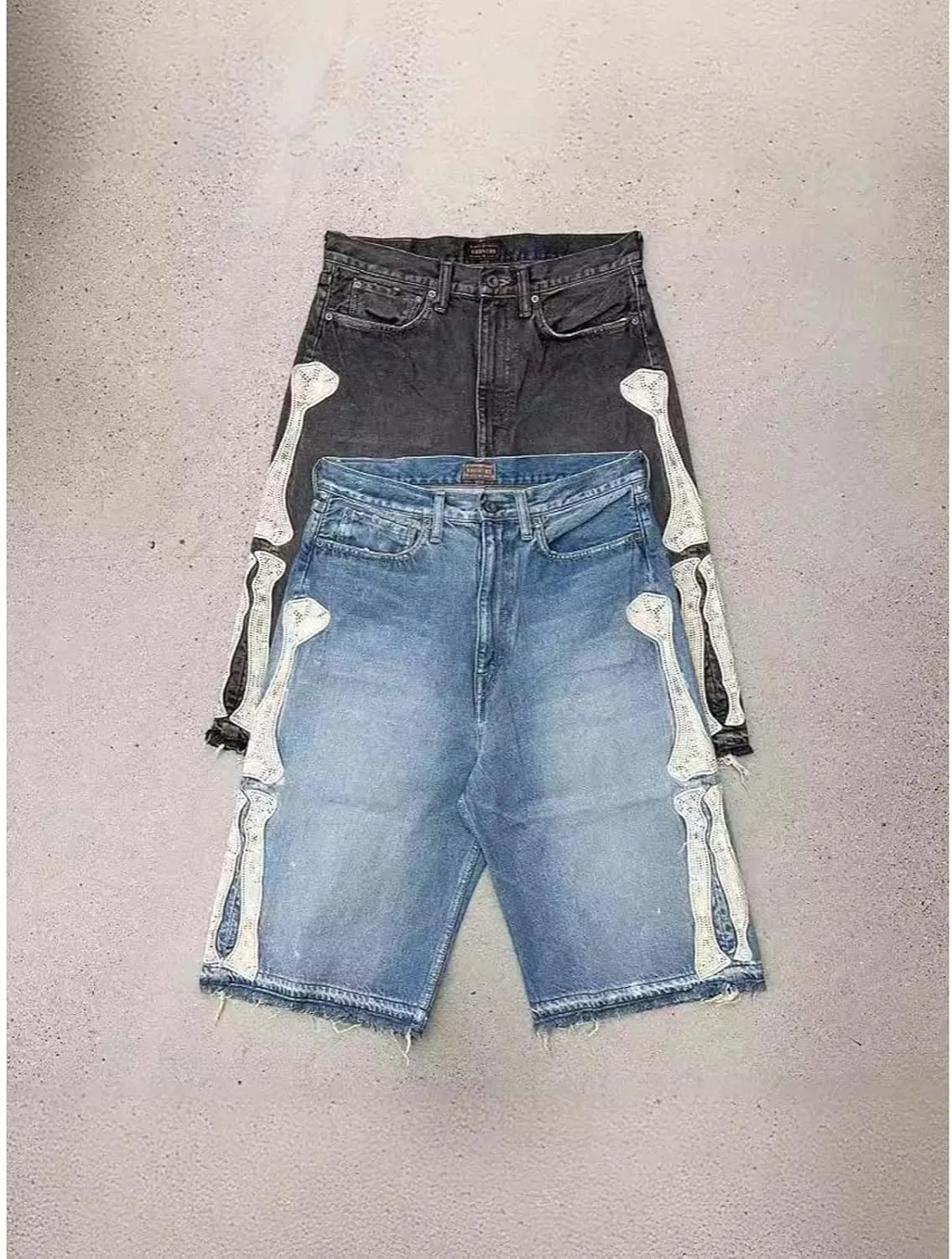 Retro Denim Shorts Men's y2k Casual Embroidered Bone Denim Shorts Men's and Women's
