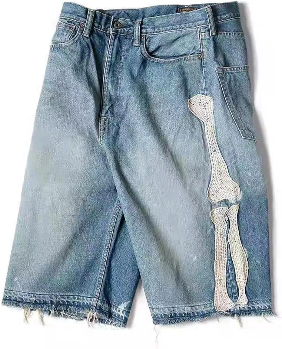 Retro Denim Shorts Men's y2k Casual Embroidered Bone Denim Shorts Men's and Women's