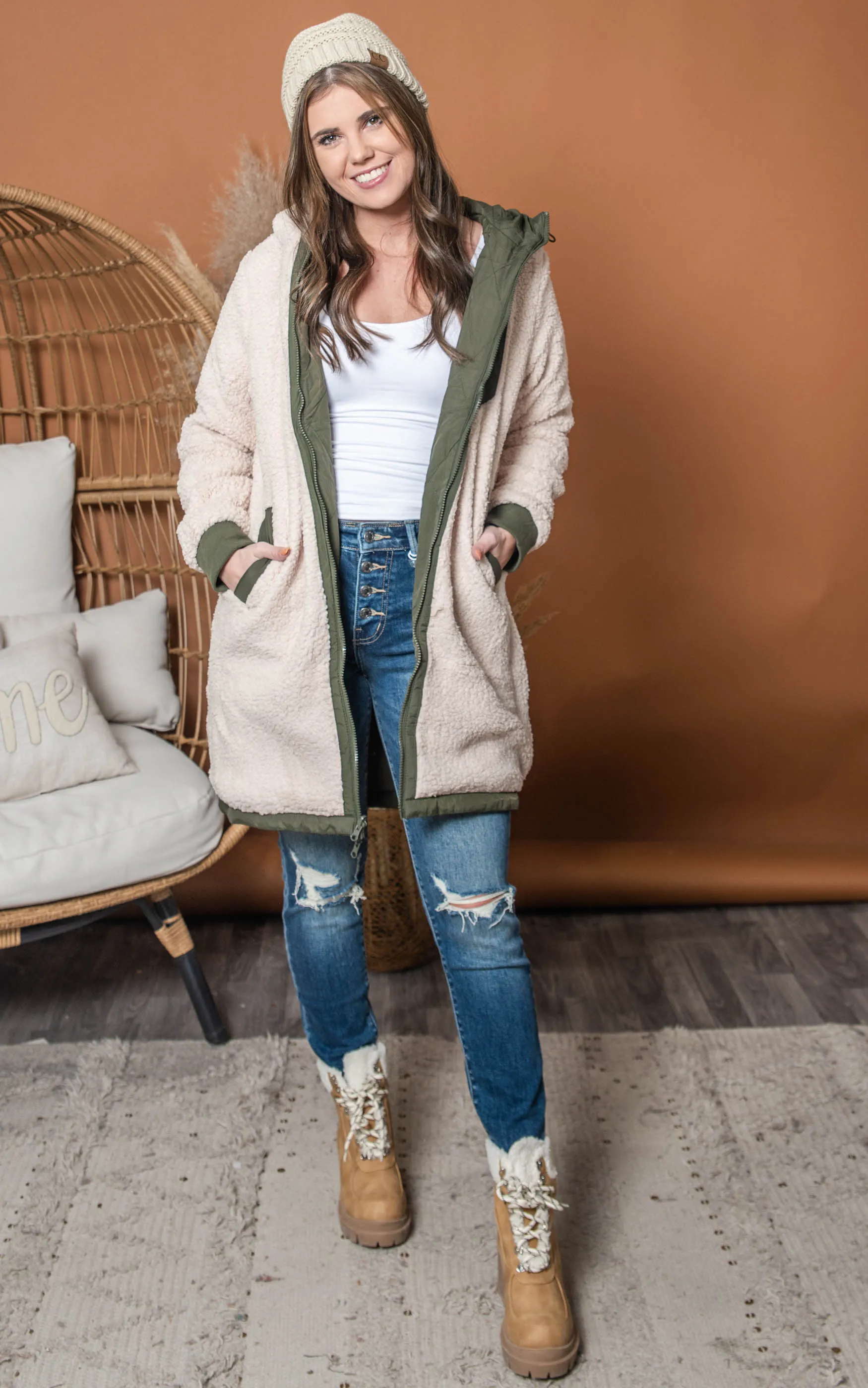Reversible Olive Sherpa Jacket - Final Sale