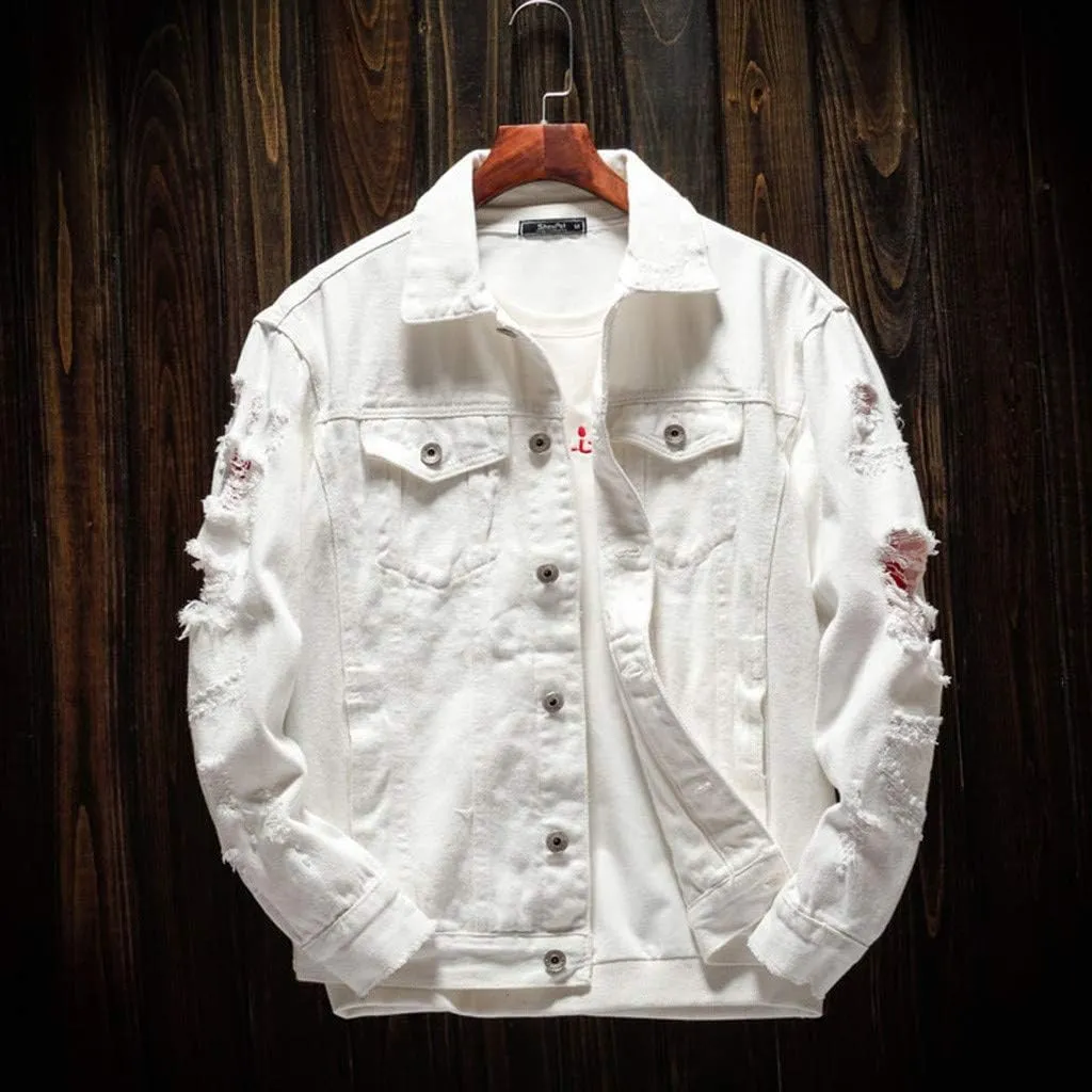 Ripped Denim Jacket for Men Baggy Style Winter Long Sleeve Top Stylish WindbreakerFall
