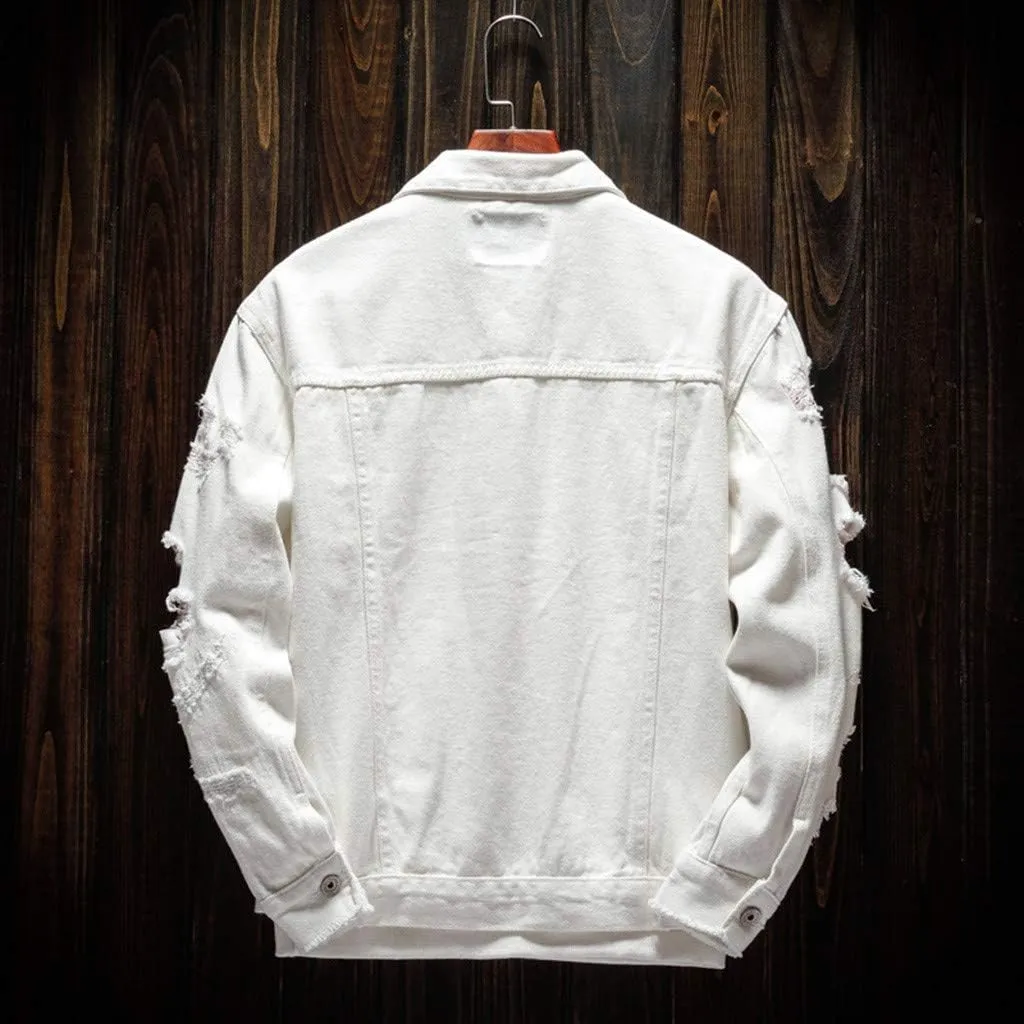 Ripped Denim Jacket for Men Baggy Style Winter Long Sleeve Top Stylish WindbreakerFall