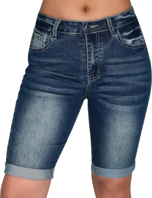 roswear Women's Mid Rise Bermuda Shorts Stretchy Long Rolled Hem Denim Jean Shorts