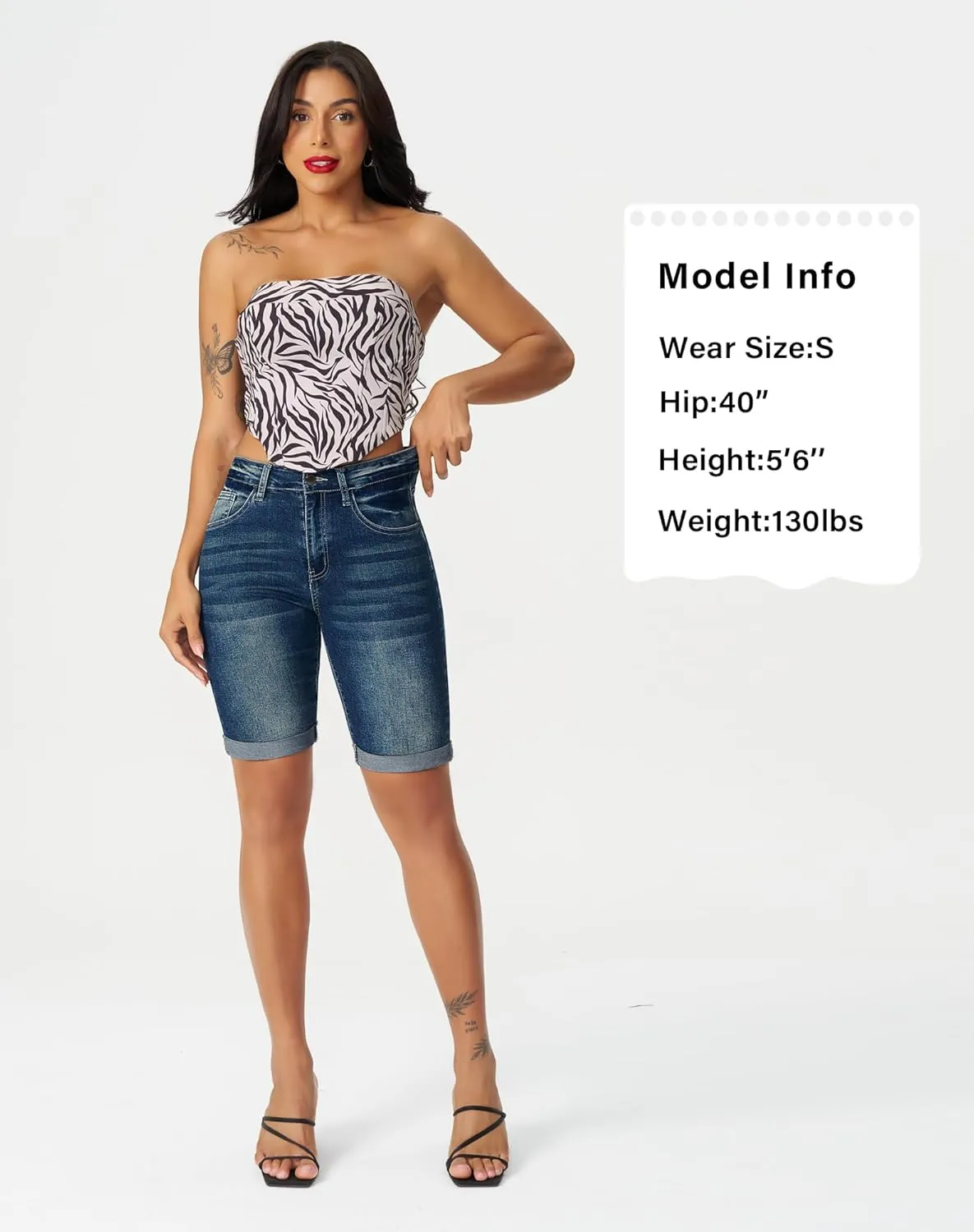 roswear Women's Mid Rise Bermuda Shorts Stretchy Long Rolled Hem Denim Jean Shorts