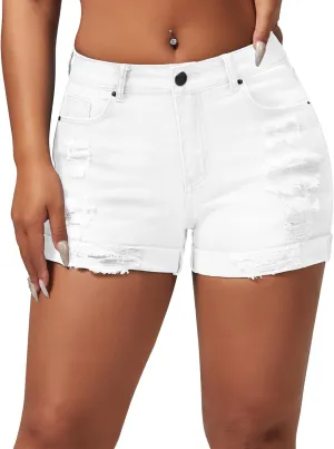 roswear Women's Summer Mid Rise Ripped Denim Shorts Stretchy Butt Lifting Jean Shorts