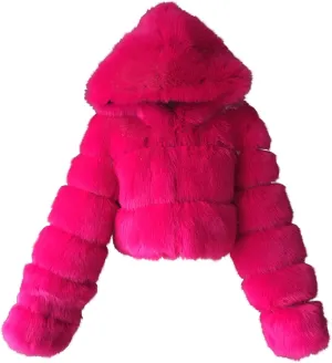 SACFOF Women Fluffy Faux Fur Coat Cropped Jacket Puffer Zip Up Winter Warm Fuzzy Teddy Hooded Outwear