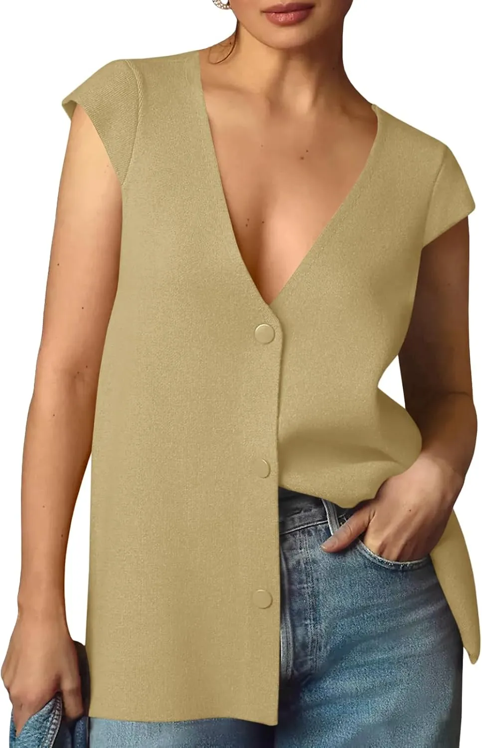 Saodimallsu Womens Deep V Neck Sweater Vest Sleeveless Knit Button Up Loose Fit Cap Sleeve Trendy Summer Tops