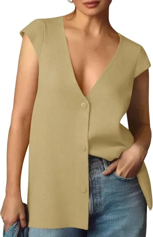 Saodimallsu Womens Deep V Neck Sweater Vest Sleeveless Knit Button Up Loose Fit Cap Sleeve Trendy Summer Tops