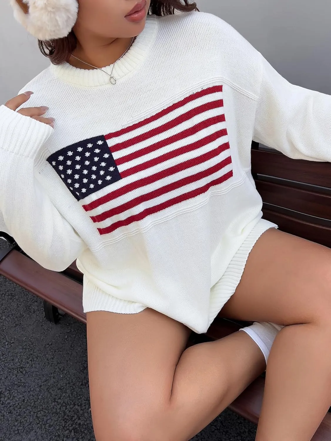 SHENHE Women's Plus Size Crew Neck USA Flag Sweater Star Striped Print Knit Loose Pullover Sweater