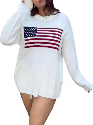 SHENHE Women's Plus Size Crew Neck USA Flag Sweater Star Striped Print Knit Loose Pullover Sweater