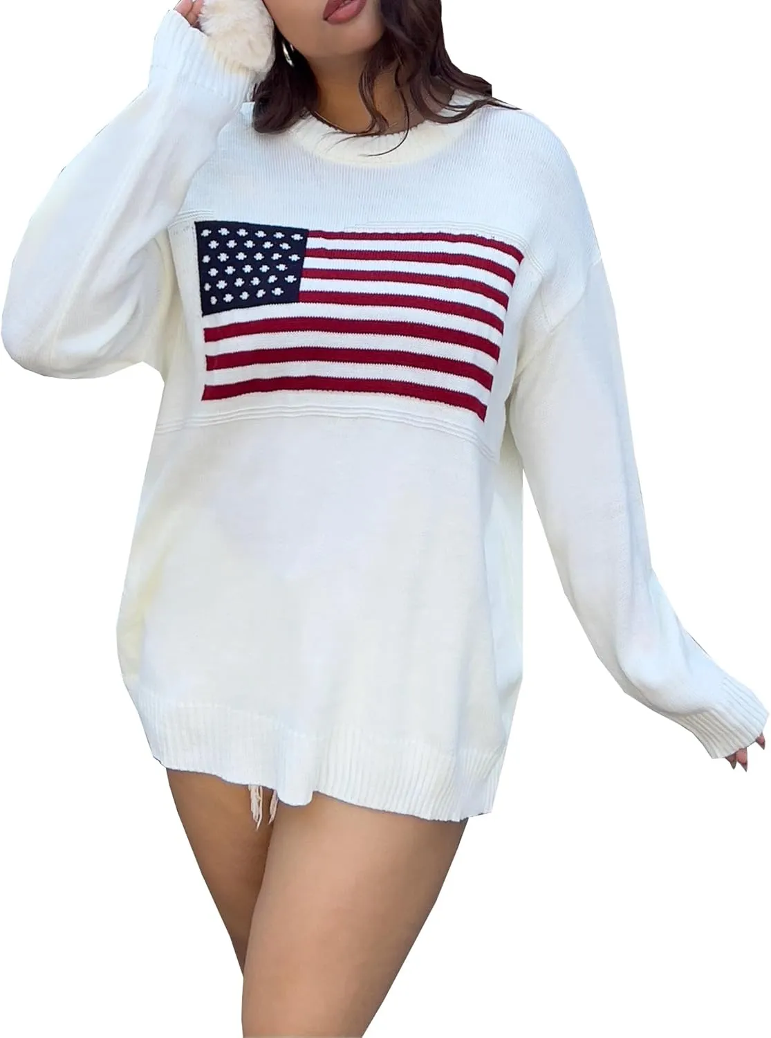 SHENHE Women's Plus Size Crew Neck USA Flag Sweater Star Striped Print Knit Loose Pullover Sweater