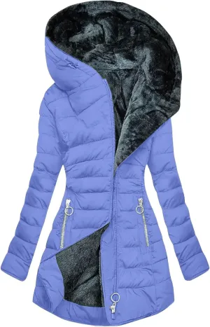 Sherpa Lined Hoodie Women, Solid Zip Up Warm Puffer Overcoats Thick Long Sleeve Outerwear Casual Warm Down Jacket
