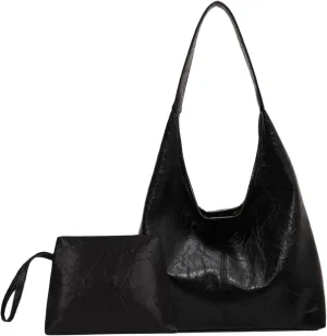 Shoulder Bag for Women Black Large Capacity Leather Tote Bag with Magnetic Clasp Retro & Stylish Easy Matching Bucket Bags for Women Gifts for Women Leather Bag for Women Black Tote Bag Shoulder Ba