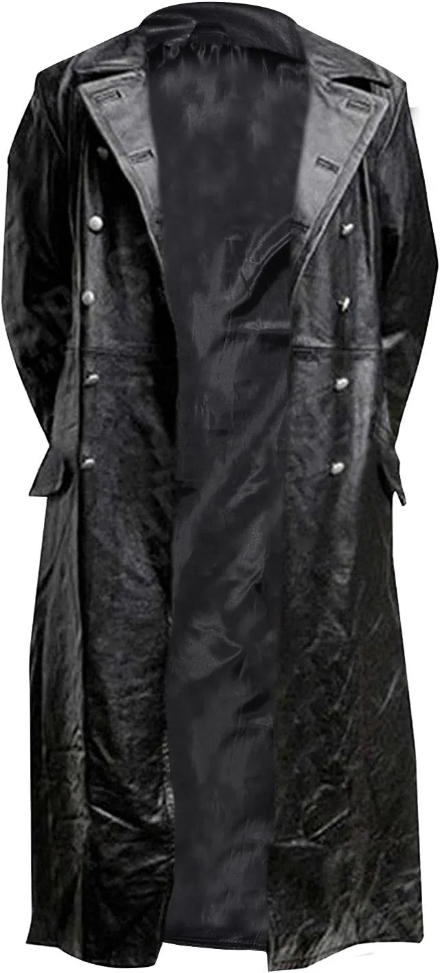 SKY-SELLER German Classic WW2 Military Officer Black Leather Trench Coat for Men - Sheepskin Leather Coat