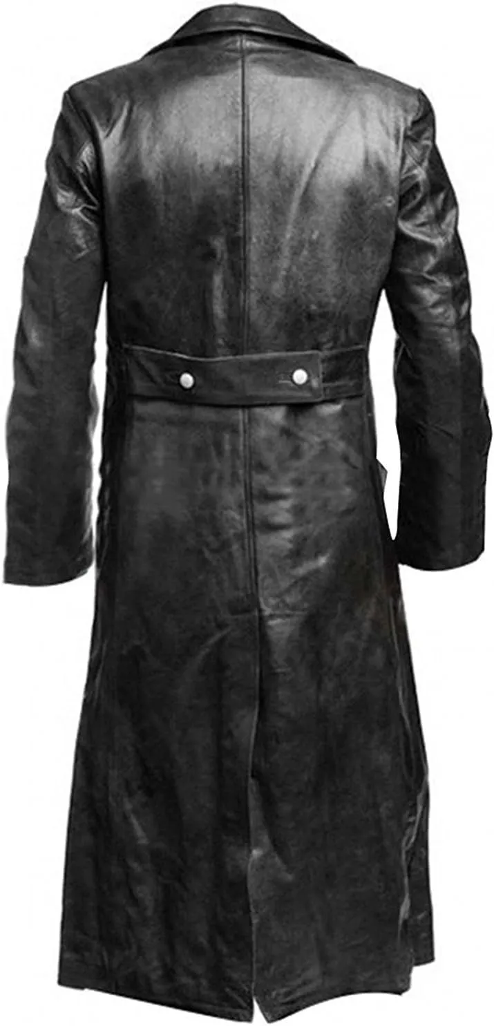 SKY-SELLER German Classic WW2 Military Officer Black Leather Trench Coat for Men - Sheepskin Leather Coat