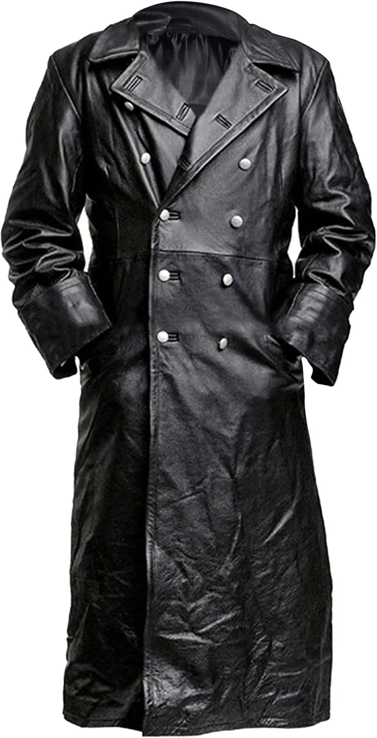 SKY-SELLER German Classic WW2 Military Officer Black Leather Trench Coat for Men - Sheepskin Leather Coat