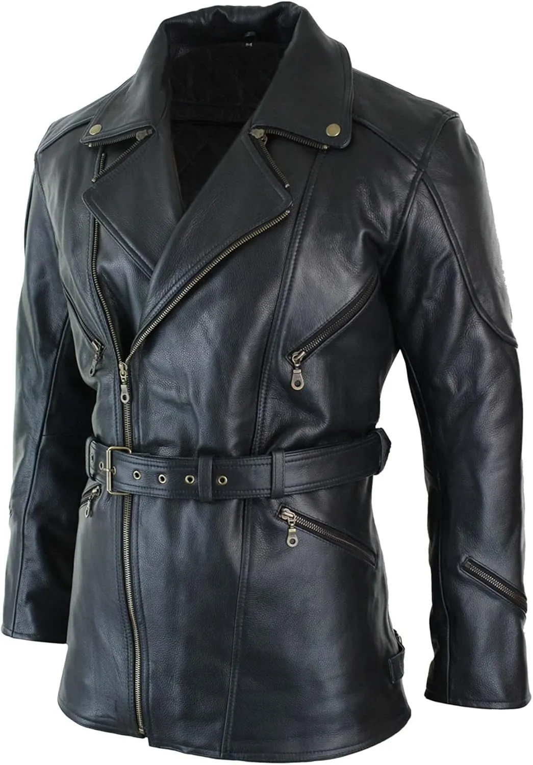 SKY-SELLER Mens 3/4 Quarter Length Motorcycle Black Biker Long Jacket - Genuine Leather Coat Winter Outerwear