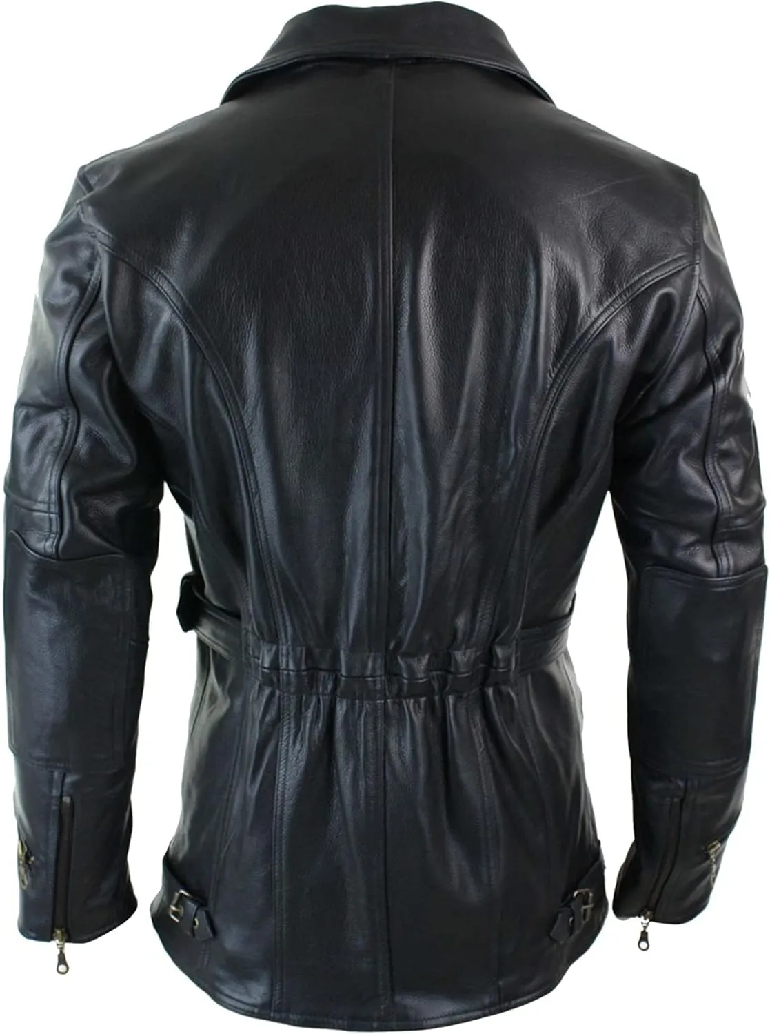 SKY-SELLER Mens 3/4 Quarter Length Motorcycle Black Biker Long Jacket - Genuine Leather Coat Winter Outerwear