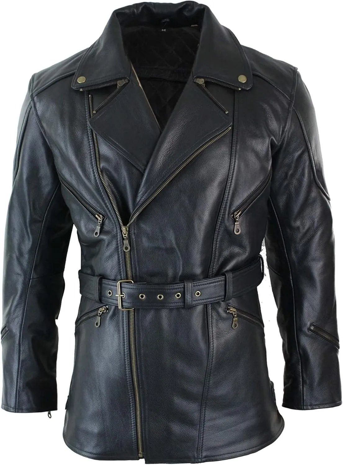 SKY-SELLER Mens 3/4 Quarter Length Motorcycle Black Biker Long Jacket - Genuine Leather Coat Winter Outerwear