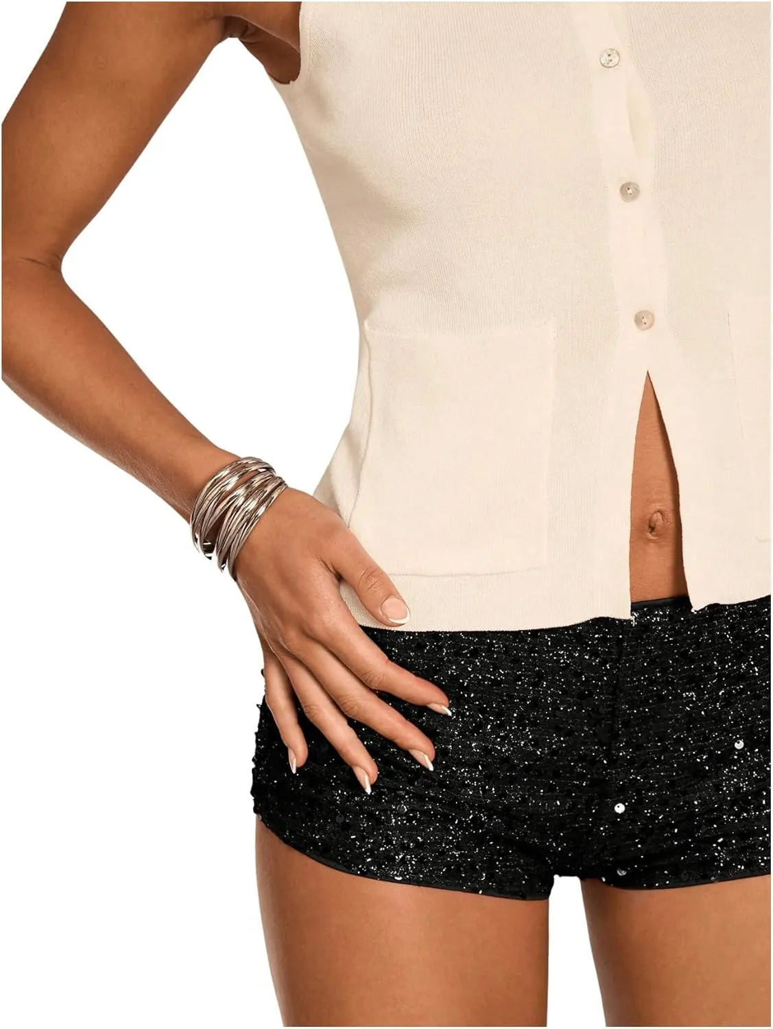 SOLY HUX Women's Sequin Shorts Y2k Low Rise Sparkly Glitter Party Club Mini Shorts