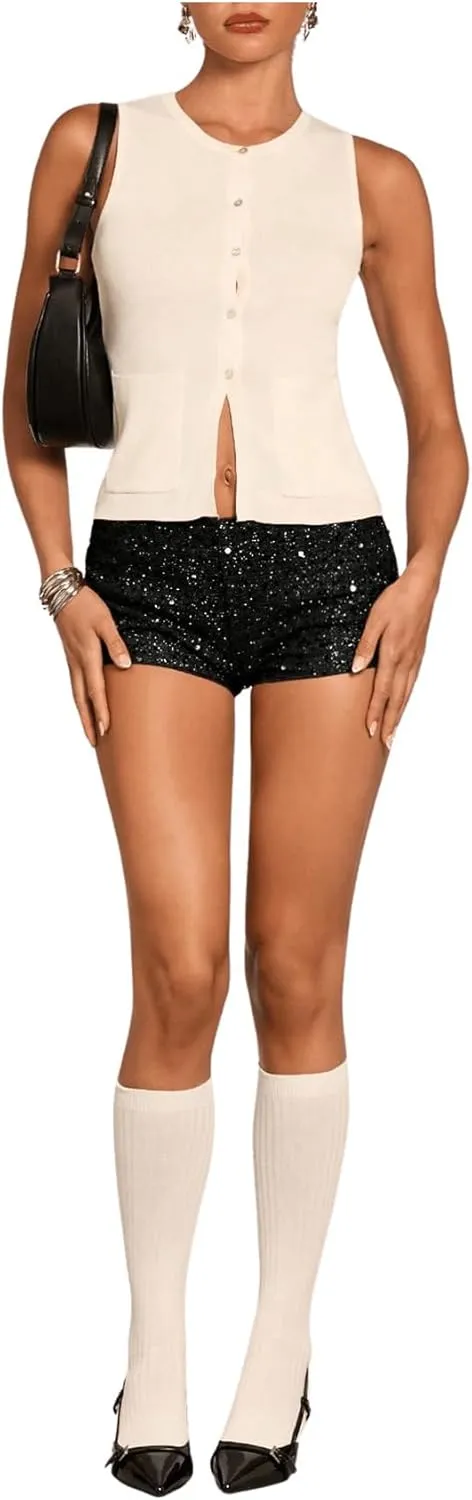 SOLY HUX Women's Sequin Shorts Y2k Low Rise Sparkly Glitter Party Club Mini Shorts