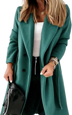 Springrain Womens Winter Wool Pea Coat Warm Notched Collar Double Breasted Belted Coat Long Jacket Outerwear