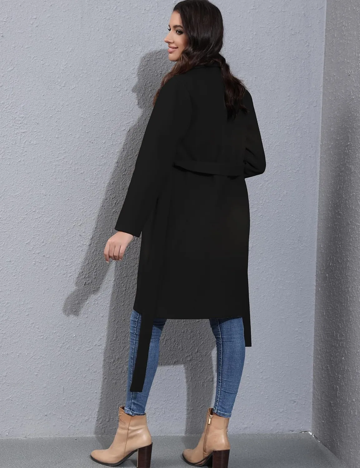 Springrain Womens Winter Wool Pea Coat Warm Notched Collar Double Breasted Belted Coat Long Jacket Outerwear