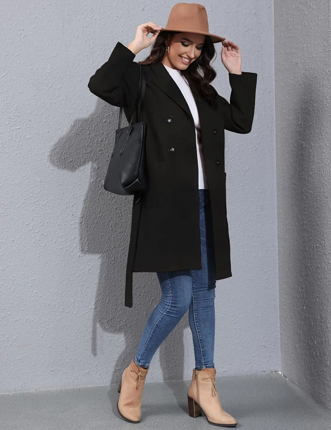 Springrain Womens Winter Wool Pea Coat Warm Notched Collar Double Breasted Belted Coat Long Jacket Outerwear