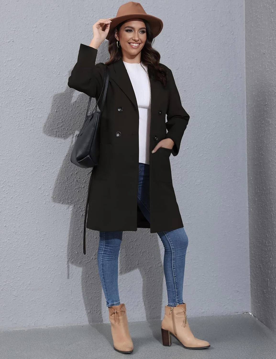 Springrain Womens Winter Wool Pea Coat Warm Notched Collar Double Breasted Belted Coat Long Jacket Outerwear