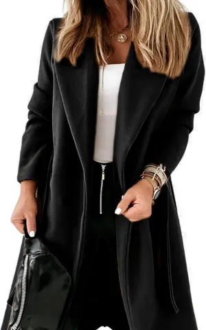 Springrain Womens Winter Wool Pea Coat Warm Notched Collar Double Breasted Belted Coat Long Jacket Outerwear