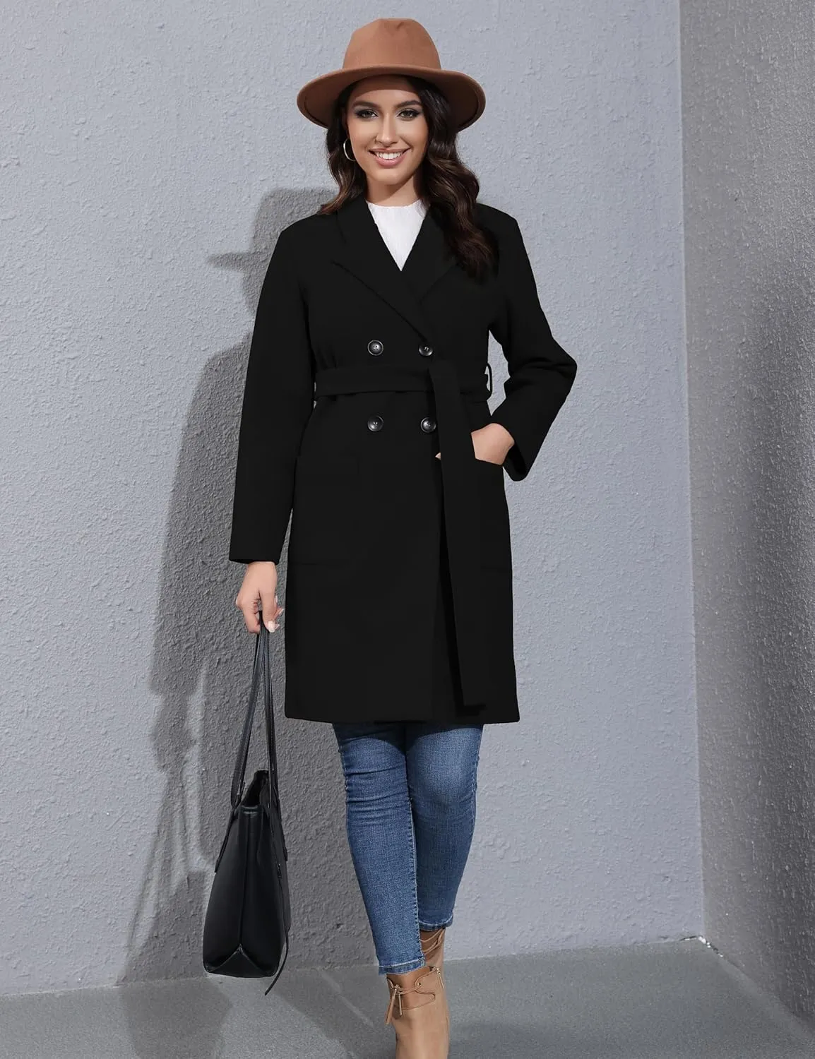 Springrain Womens Winter Wool Pea Coat Warm Notched Collar Double Breasted Belted Coat Long Jacket Outerwear