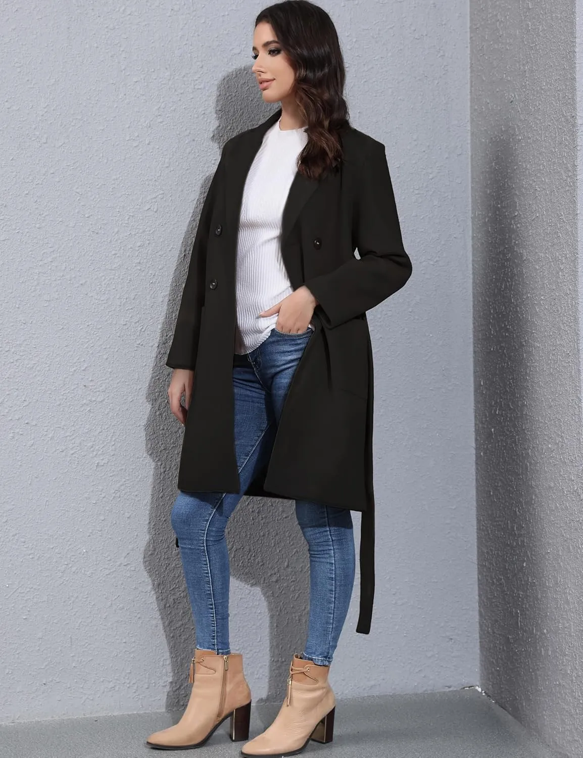 Springrain Womens Winter Wool Pea Coat Warm Notched Collar Double Breasted Belted Coat Long Jacket Outerwear