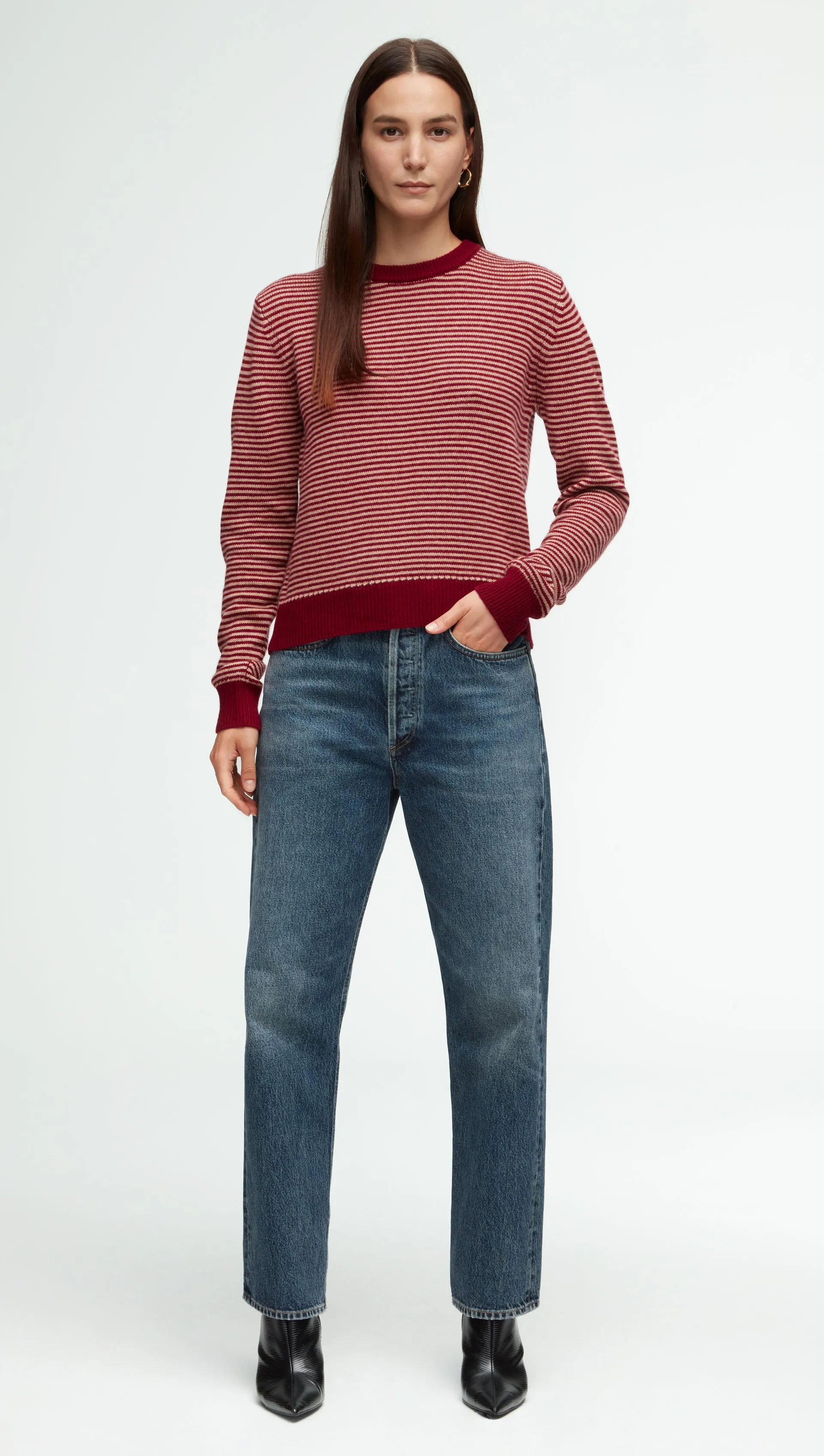 Striped Crewneck Sweater in Wool-Cashmere | Camel/Merlot