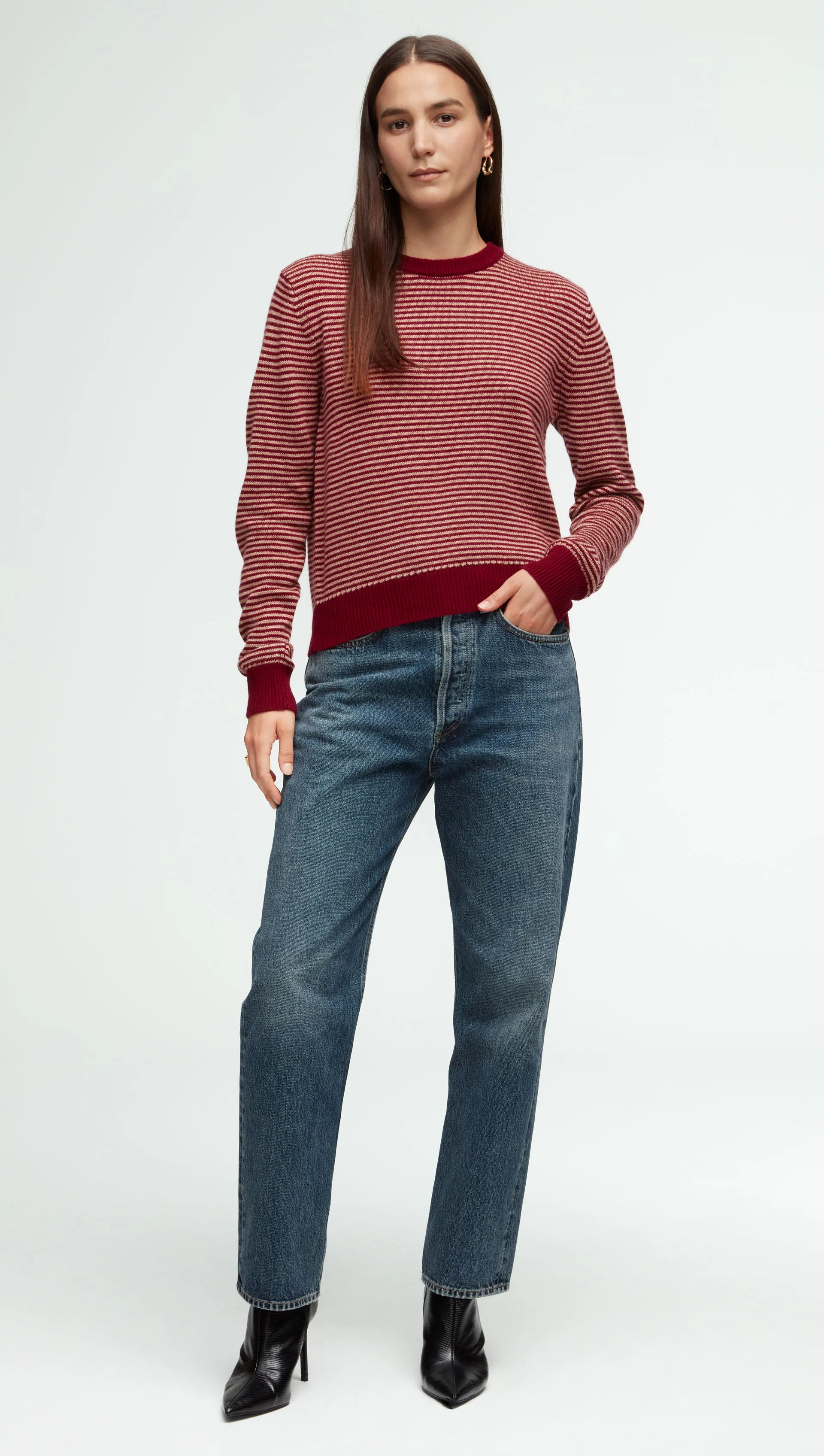 Striped Crewneck Sweater in Wool-Cashmere | Camel/Merlot