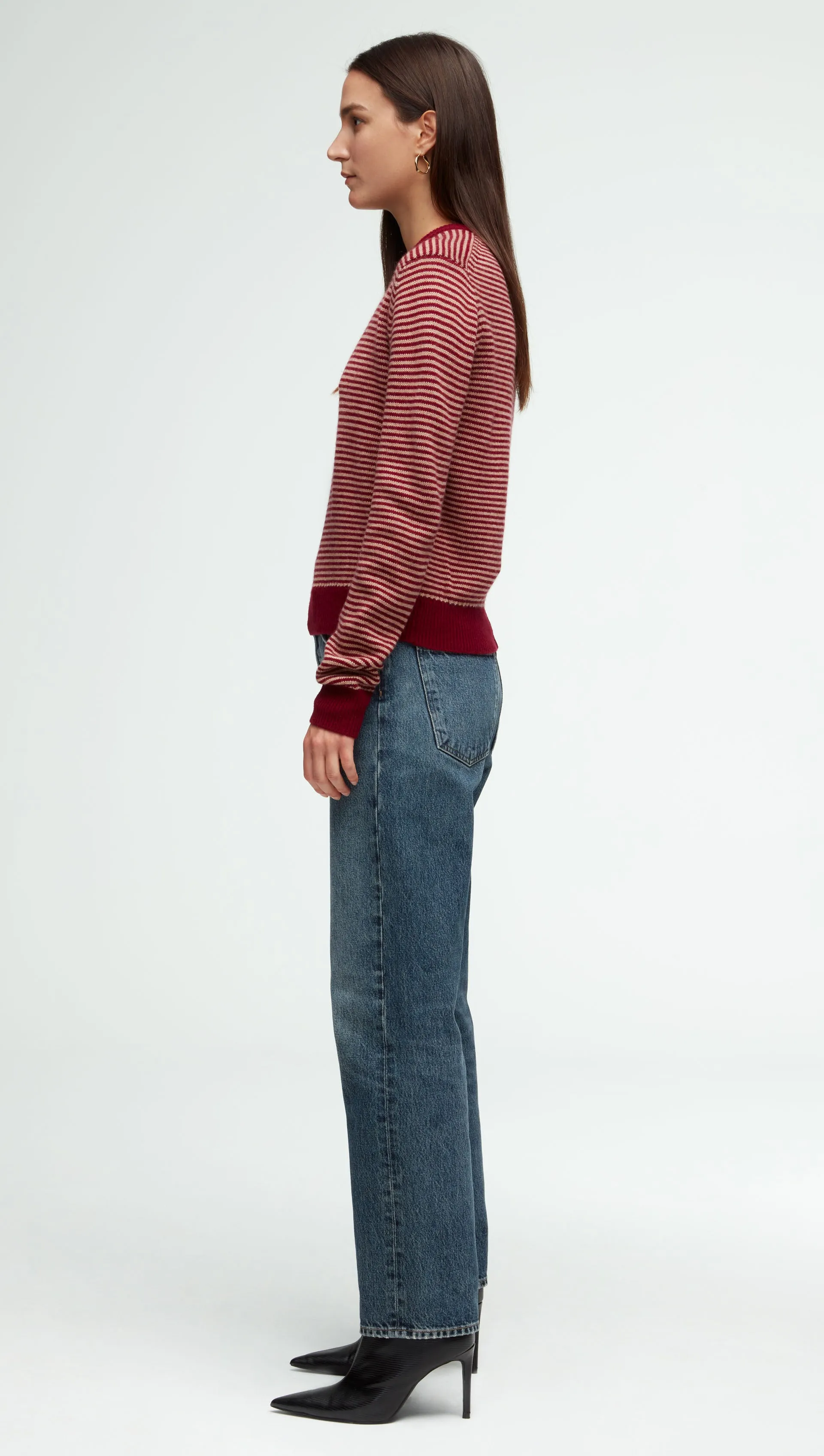 Striped Crewneck Sweater in Wool-Cashmere | Camel/Merlot