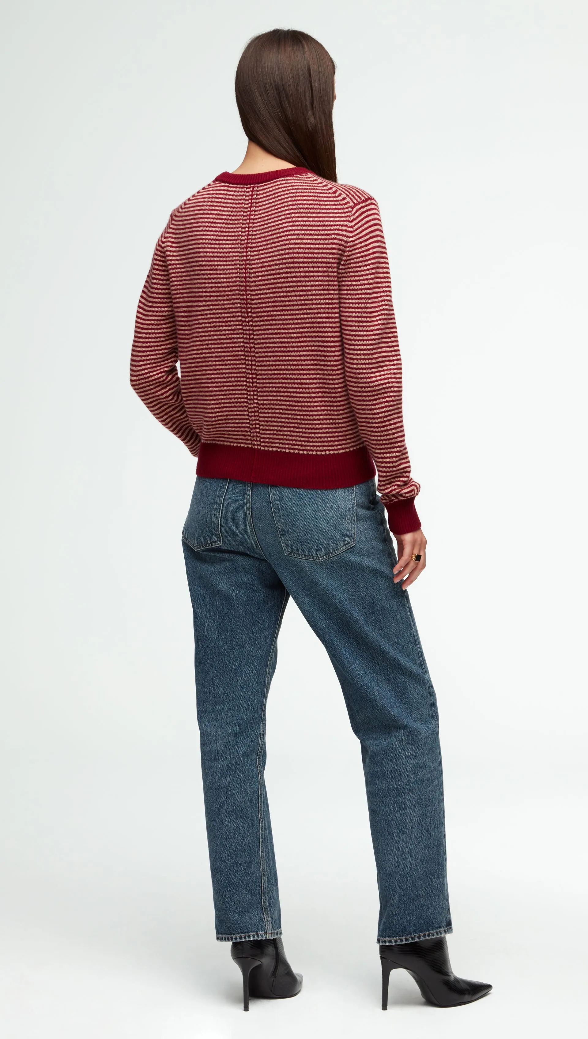 Striped Crewneck Sweater in Wool-Cashmere | Camel/Merlot
