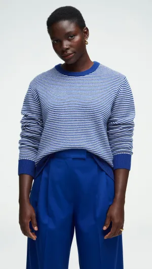 Striped Crewneck Sweater in Wool-Cashmere | Ivory/Cobalt