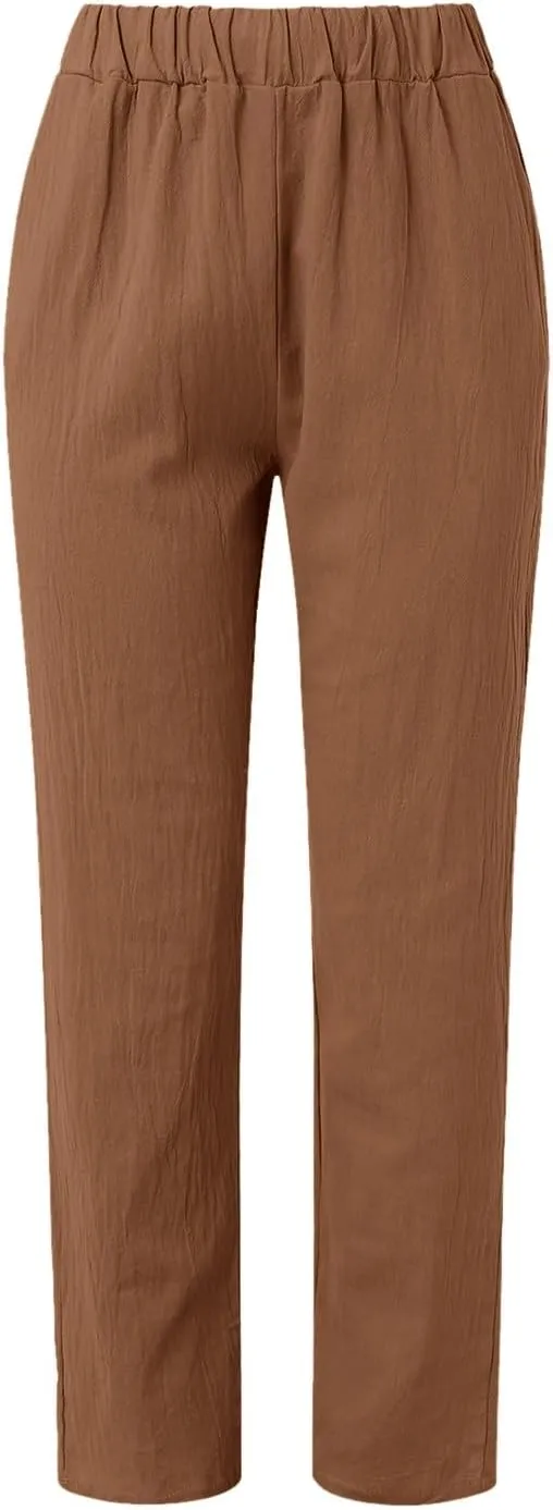 Striped Pants Women Side Button Elastic Waist Summer Casual Pants Straight Leg Plus Size Trendy Trousers with Pocket