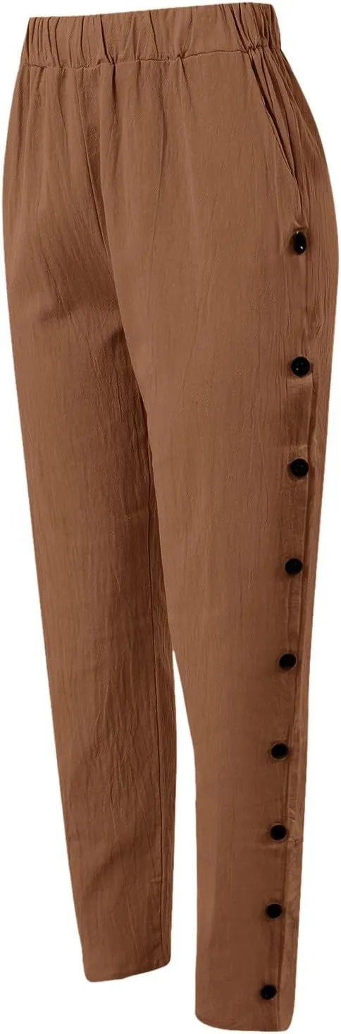 Striped Pants Women Side Button Elastic Waist Summer Casual Pants Straight Leg Plus Size Trendy Trousers with Pocket