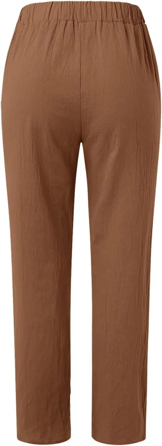 Striped Pants Women Side Button Elastic Waist Summer Casual Pants Straight Leg Plus Size Trendy Trousers with Pocket