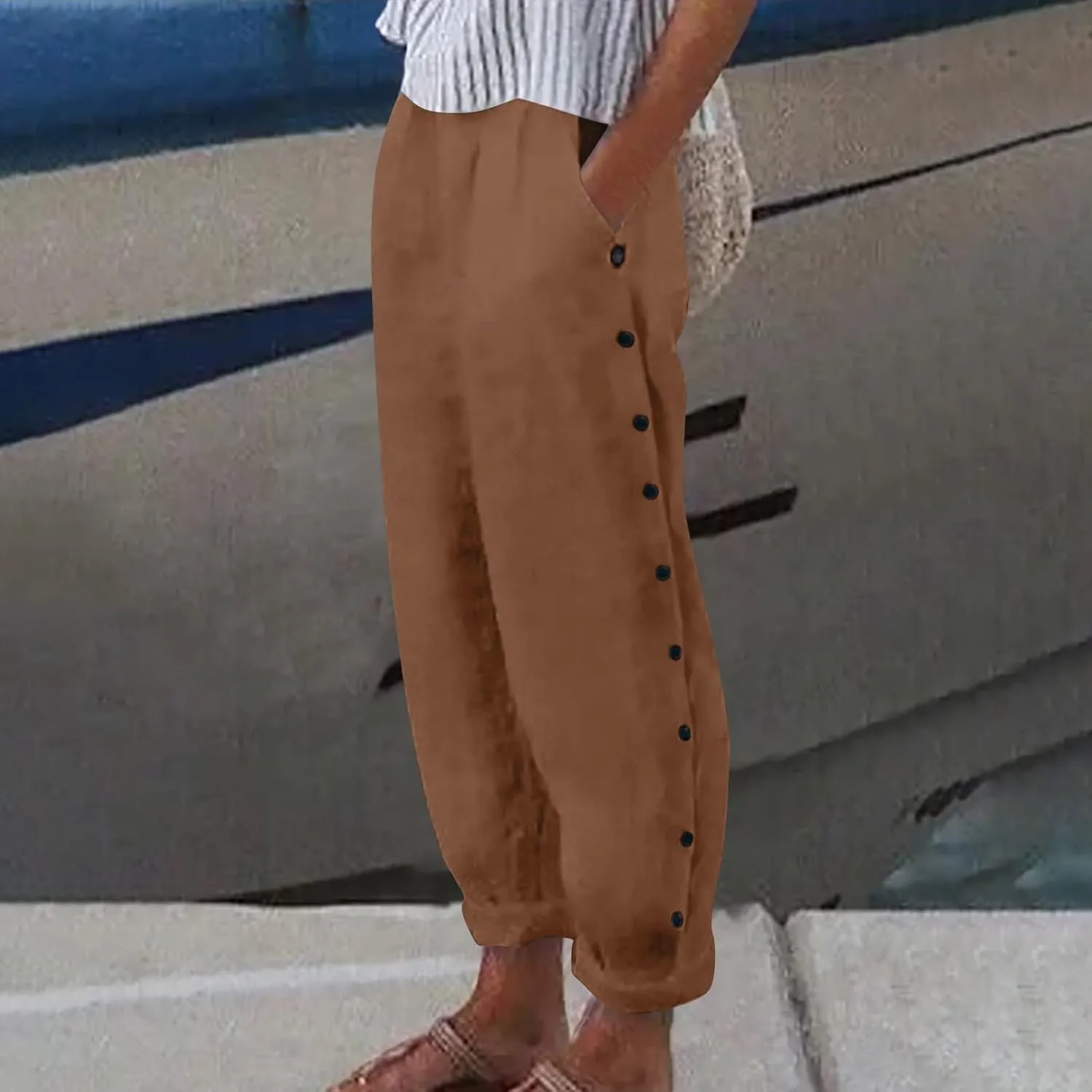 Striped Pants Women Side Button Elastic Waist Summer Casual Pants Straight Leg Plus Size Trendy Trousers with Pocket